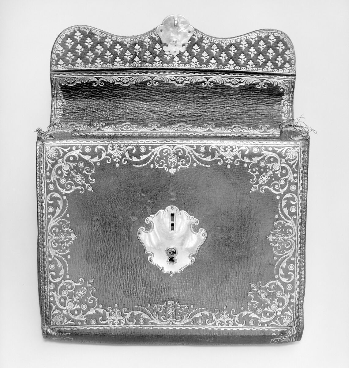 Briefcase, Leather, gilt, silver, and silk, French