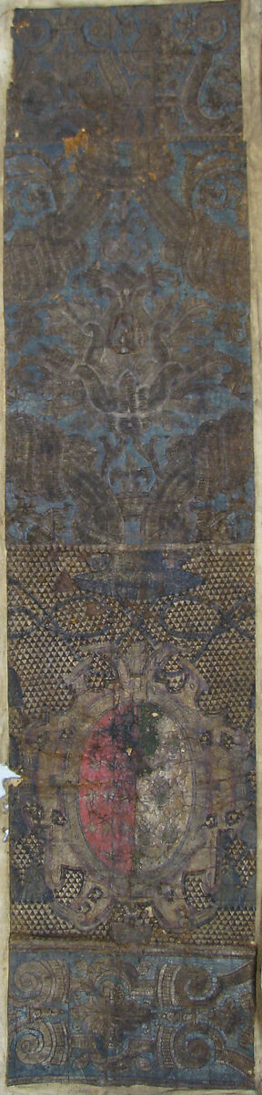 Wall hanging fragment, Gold and polychromed tooled leather mounted on cloth, Spanish 