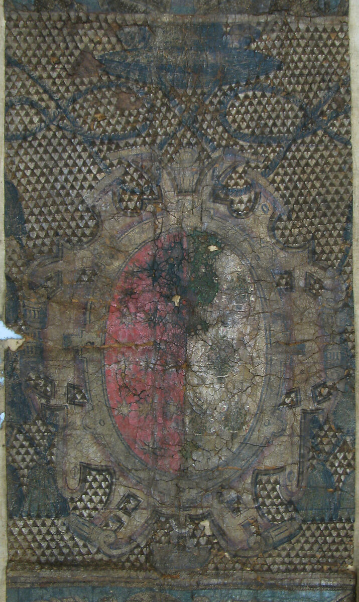 Wall hanging fragment, Gold and polychromed tooled leather mounted on cloth, Spanish