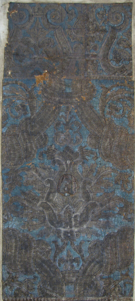 Wall hanging fragment, Gold and polychromed tooled leather mounted on cloth, Spanish