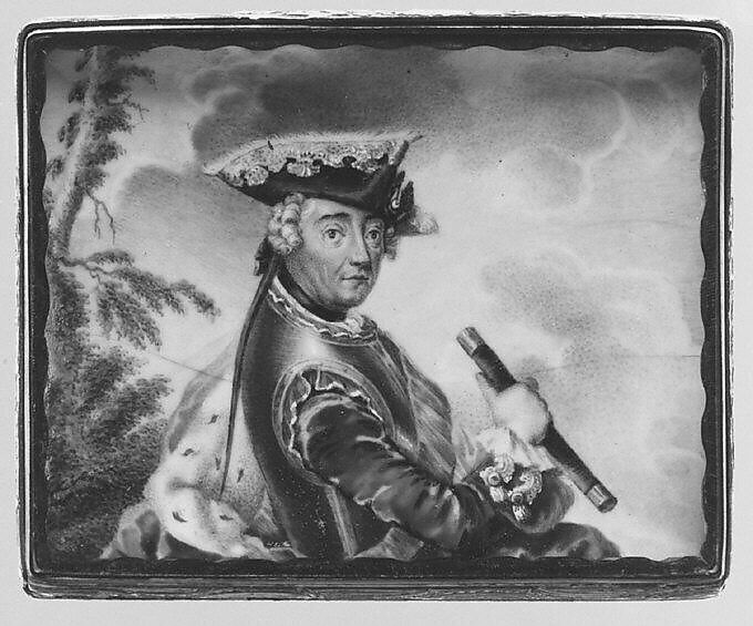 Snuffbox cover with portrait of Frederick the Great (1712–1786), King of Prussia, German Painter  , ca. 1760, Painted enamel on copper; copper gilt, German
