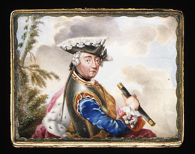 Snuffbox cover with portrait of Frederick the Great (1712–1786), King of Prussia, German Painter  , ca. 1760, Painted enamel on copper; copper gilt, German 