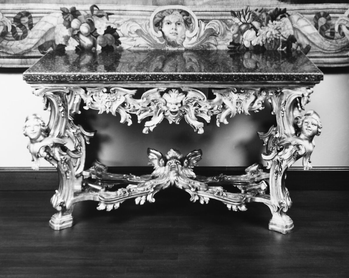 Console table, Gilded linden and poplar, green porphyry, gilt-bronze, Italian, Rome
