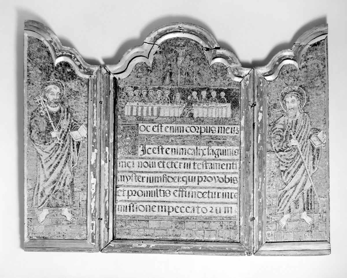 The Institution of the Eucharist at the Last Supper with St. Peter and St. Paul, Feathers and colored paper on wood, gilt wood frame, Mexican