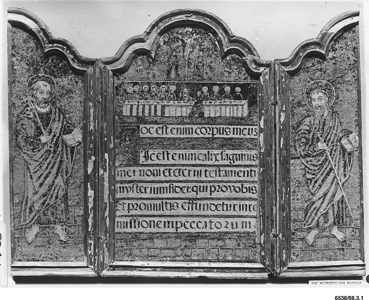 The Institution of the Eucharist at the Last Supper with St. Peter and St. Paul, Feathers and colored paper on wood, gilt wood frame, Mexican