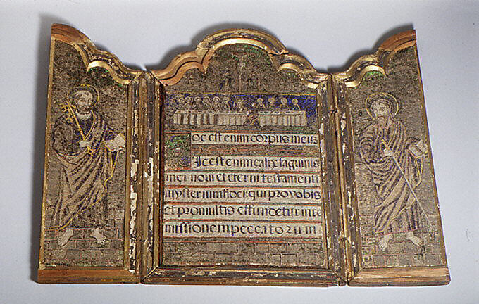 The Institution of the Eucharist at the Last Supper with St. Peter and St. Paul, Feathers and colored paper on wood, gilt wood frame, Mexican