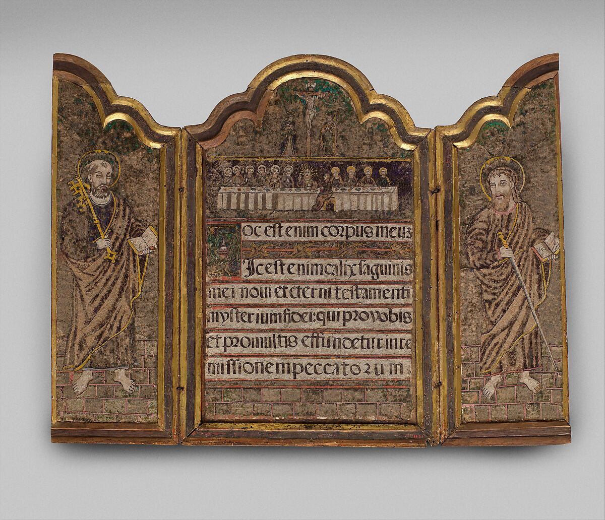 The Institution of the Eucharist at the Last Supper with St. Peter and St. Paul, Feathers and colored paper on wood, gilt wood frame, Mexican 