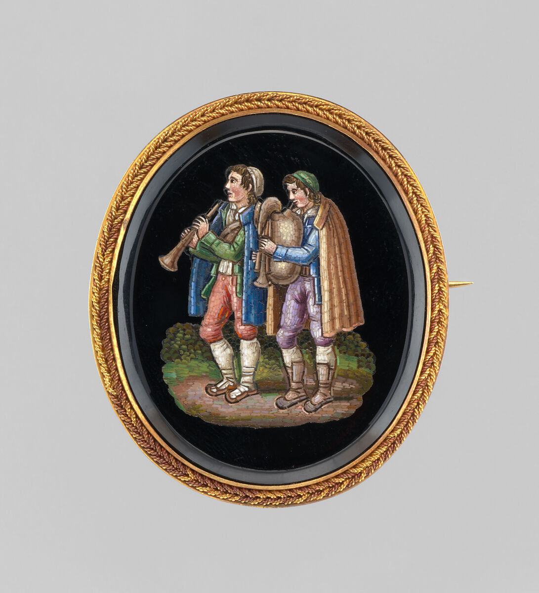 Brooch (part of a set), G.L. Barberi, Gold, glass micromosaic, onyx (?), Italian, Rome 