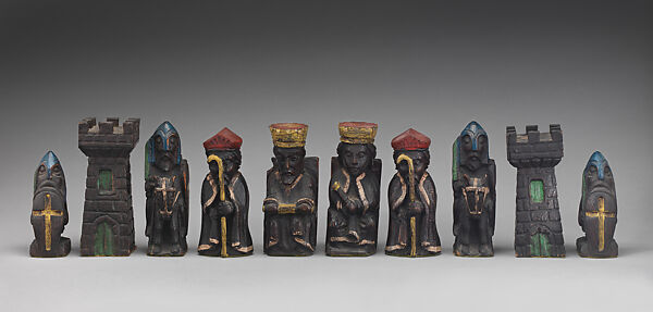 Chess set, Wood, leather, British