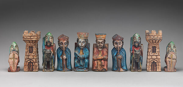 Chess set, Wood, leather, British