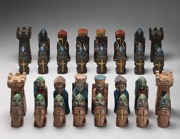 Chess set, Wood, leather, British