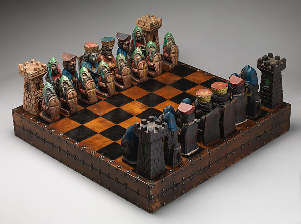 Chess set, Wood, leather, British 