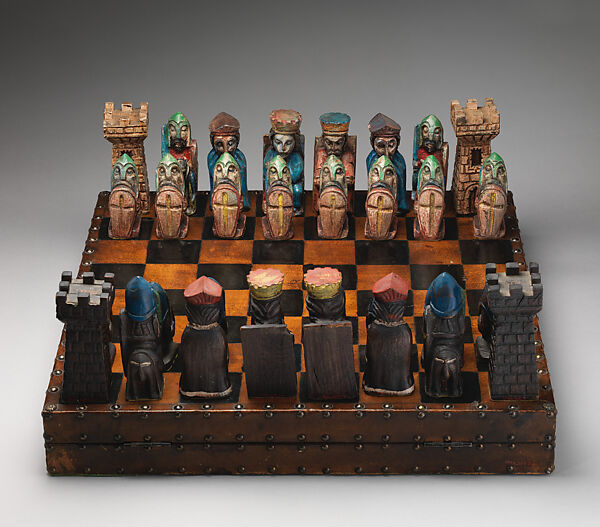 Chess set, Wood, leather, British