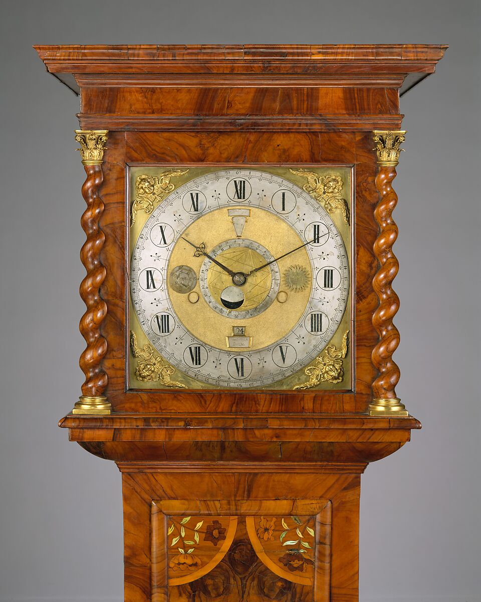 Longcase clock with calendrical, lunar, and tidal indications, also known as the Graves Tompion, Clockmaker: Thomas Tompion (British, 1639–1713), Case: oak veneered with walnut, panels of oystershell-cut olive wood; marquetry panels of green-stained bone, ivory, various woods; mounts: gilded brass; dial: gilded and silvered brass; movement: brass, steel, British, London