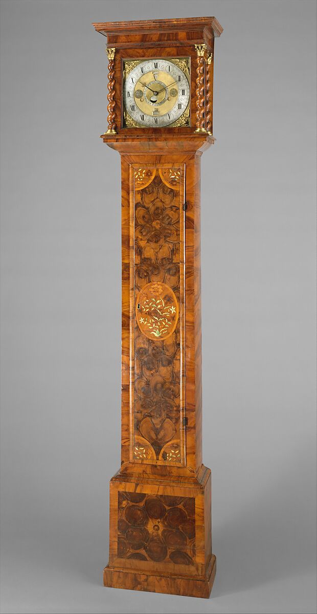 Longcase clock with calendrical, lunar, and tidal indications, also known as the Graves Tompion, Clockmaker: Thomas Tompion (British, 1639–1713), Case: oak veneered with walnut, panels of oystershell-cut olive wood; marquetry panels of green-stained bone, ivory, various woods; mounts: gilded brass; dial: gilded and silvered brass; movement: brass, steel, British, London 