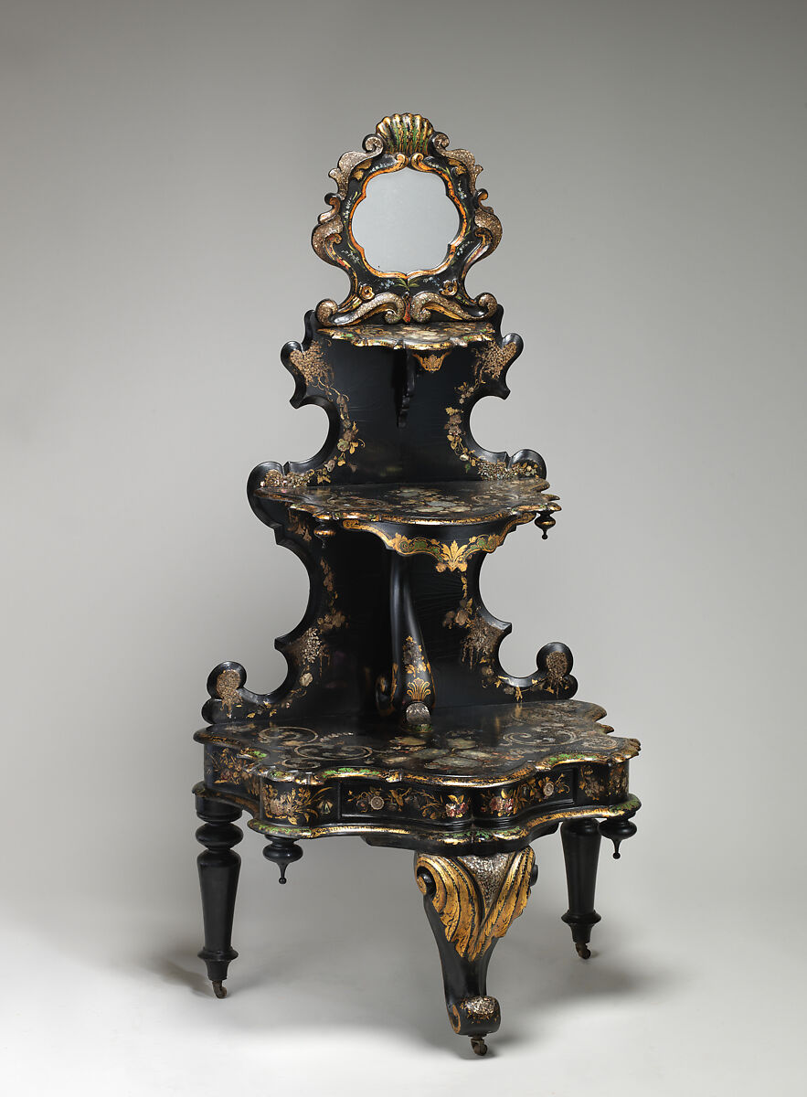 Étagère, Black lacquered, painted and gilded wood and papier mâché, mother-of-pearl, British 