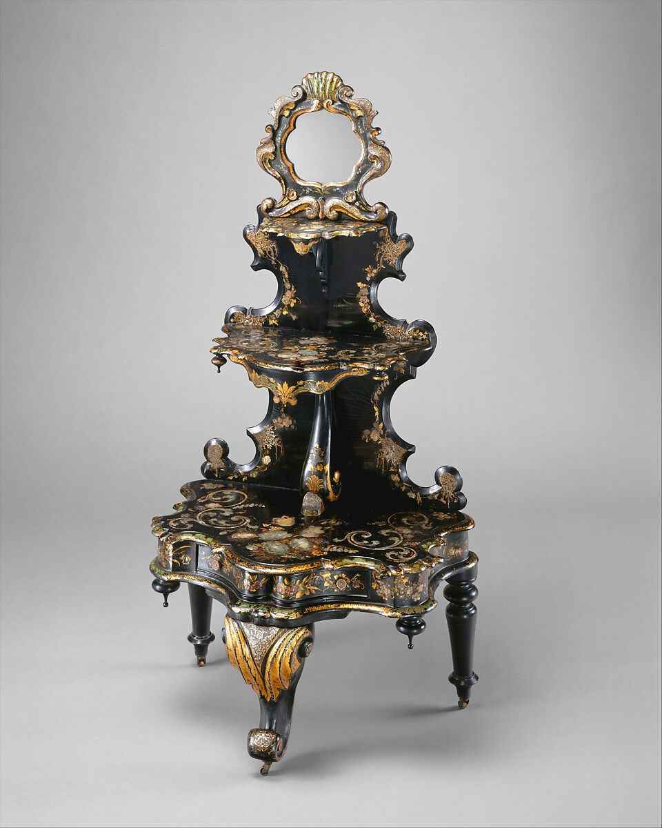 Étagère, Black lacquered, painted and gilded wood and papier mâché, mother-of-pearl, British