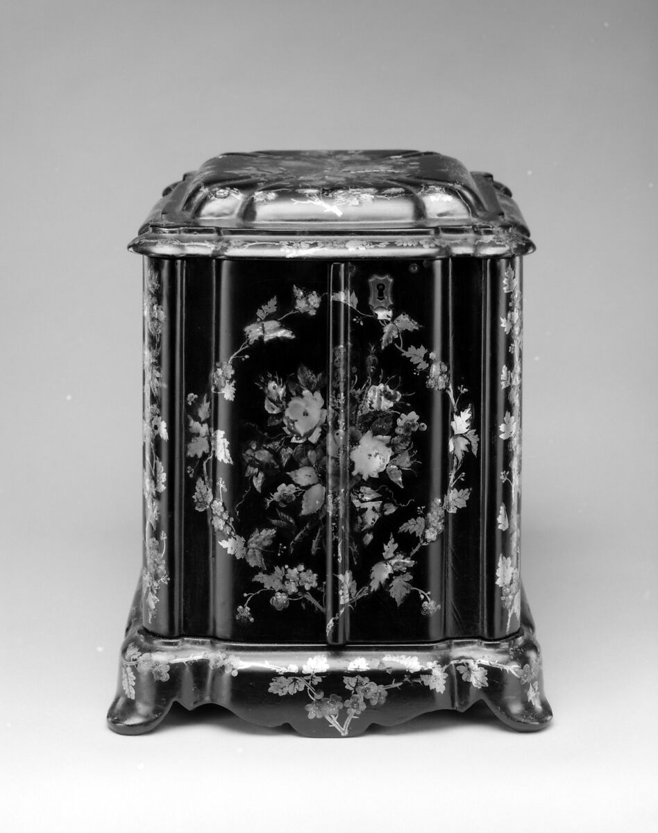Small work and jewelry cabinet, Black lacquered, gilded and painted, papier-mâché, mother-of-pearl, silk velvet, and paper linings, British 