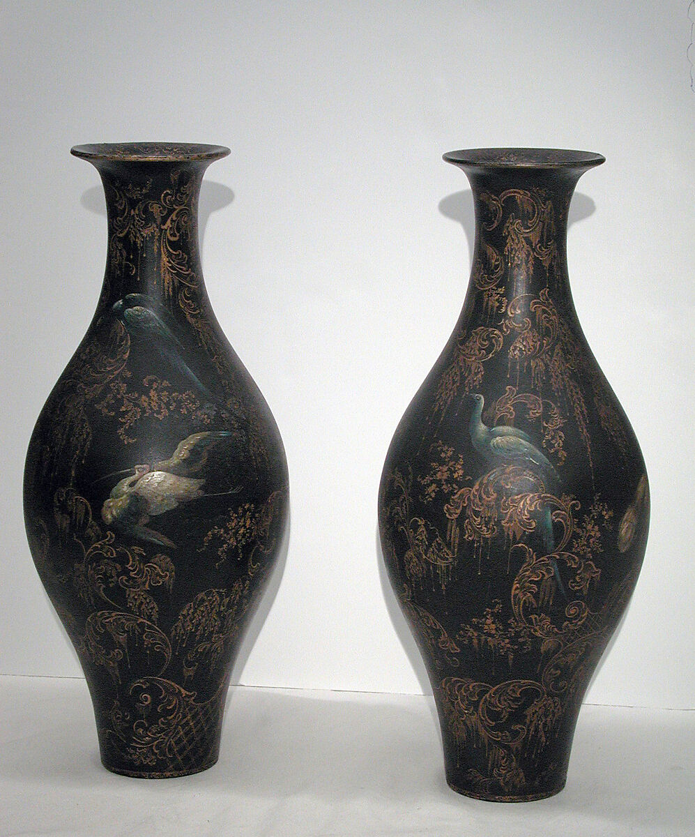 Pair of vases, Black lacquered, gilded and painted papier-mâché, British 