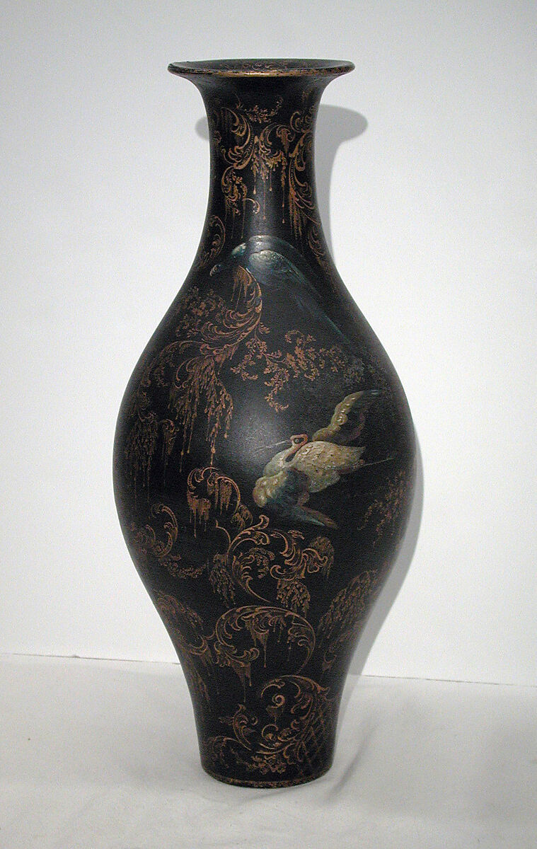 Pair of vases, Black lacquered, gilded and painted papier-mâché, British