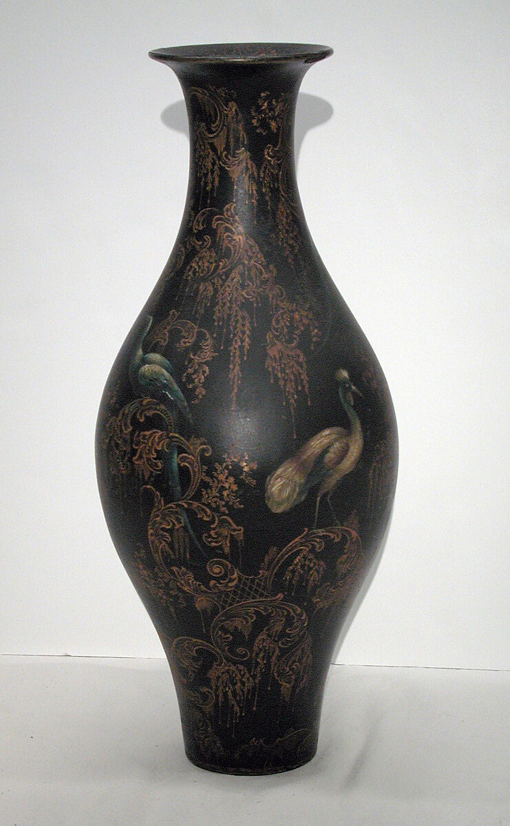 Pair of vases, Black lacquered, gilded and painted papier-mâché, British