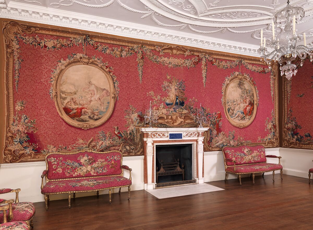 Tapestry Room from Croome Court, Room after a design by Robert Adam (British, Kirkcaldy, Scotland 1728–1792 London), Plaster, pine, mahogany, bronze-gilt, marble, lapis lazuli, steel; wool and silk (22-24 warps per inch, 9-10 per centimeter), British, Worcestershire with French, Paris (Gobelins) tapestry
