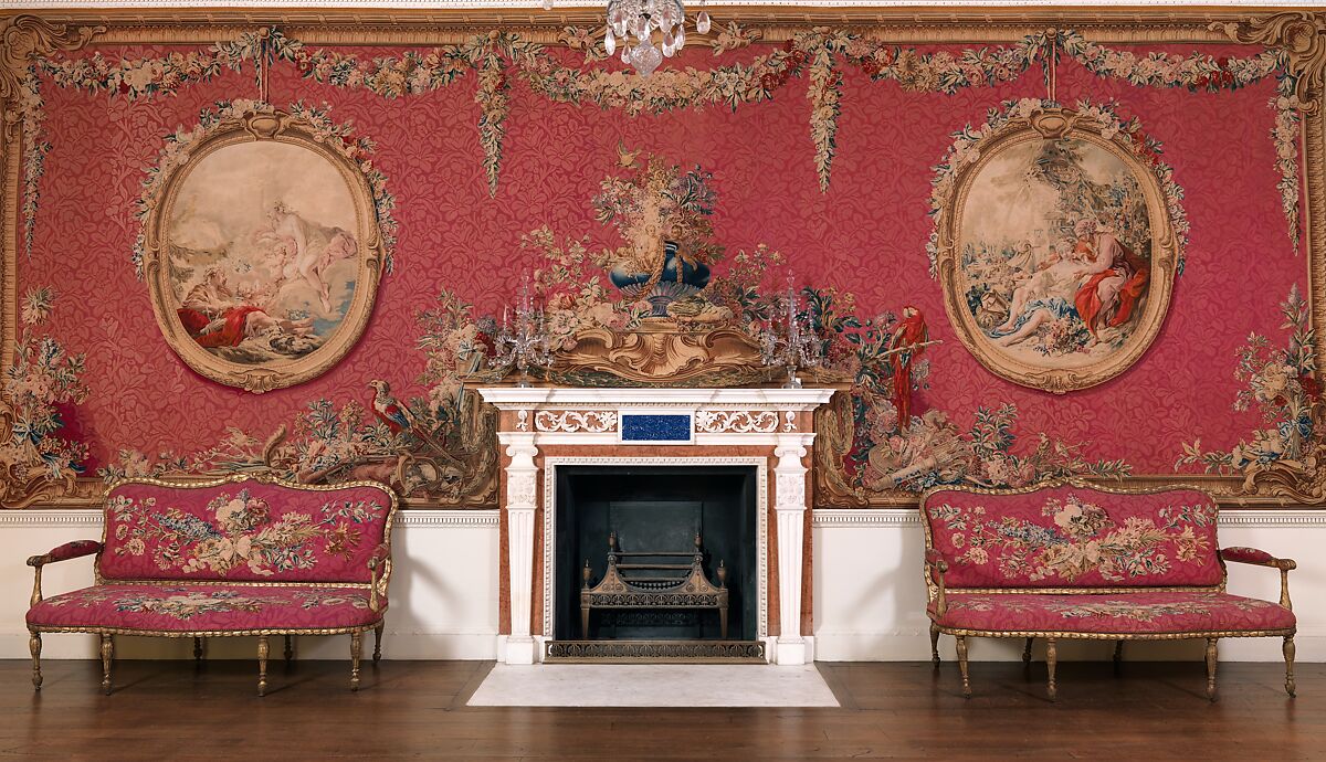 Tapestry Room from Croome Court, Robert Adam  British, Scottish, Plaster, pine, mahogany, bronze-gilt, marble, lapis lazuli, steel; wool and silk (22-24 warps per inch, 9-10 per centimeter), British, Worcestershire with French, Paris (Gobelins) tapestry