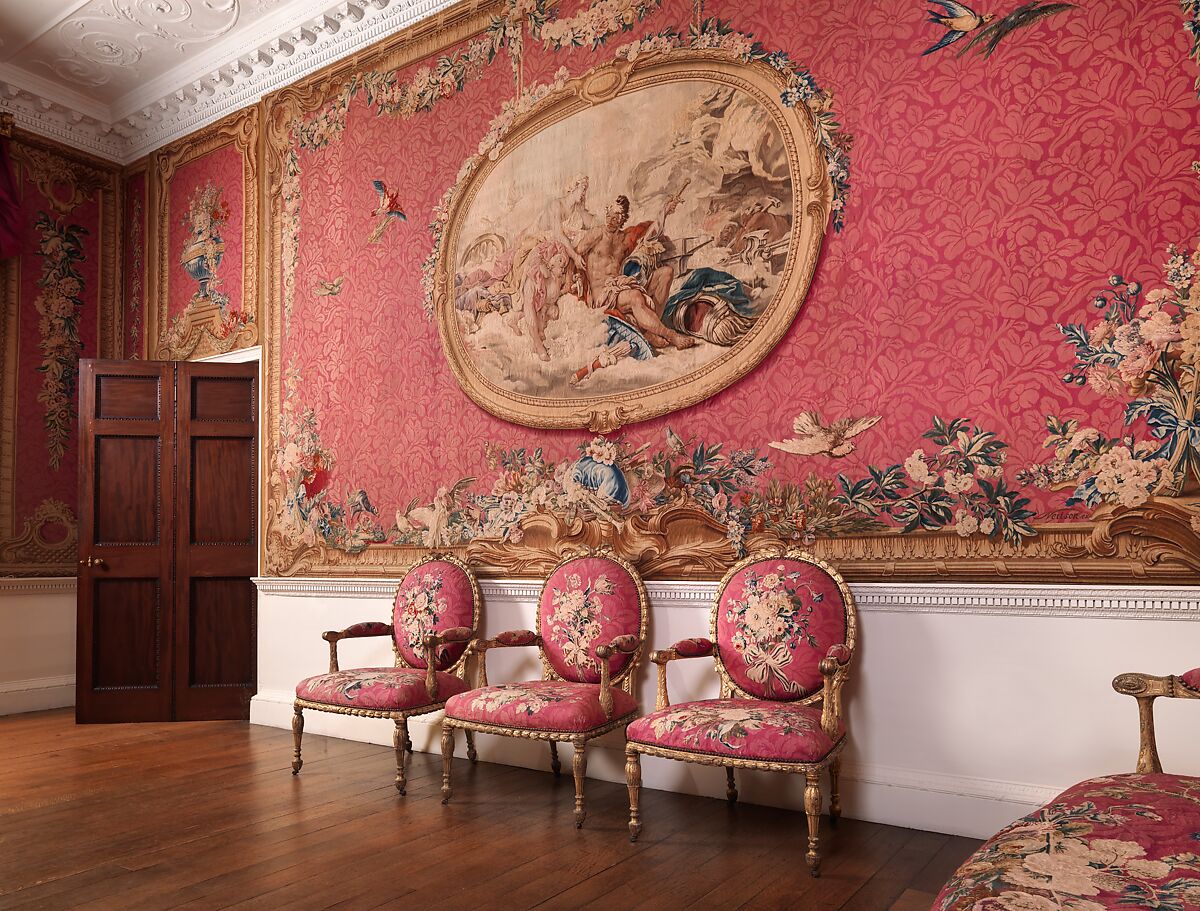 Tapestry Room from Croome Court, Room after a design by Robert Adam (British, Kirkcaldy, Scotland 1728–1792 London), Plaster, pine, mahogany, bronze-gilt, marble, lapis lazuli, steel; wool and silk (22-24 warps per inch, 9-10 per centimeter), British, Worcestershire with French, Paris (Gobelins) tapestry