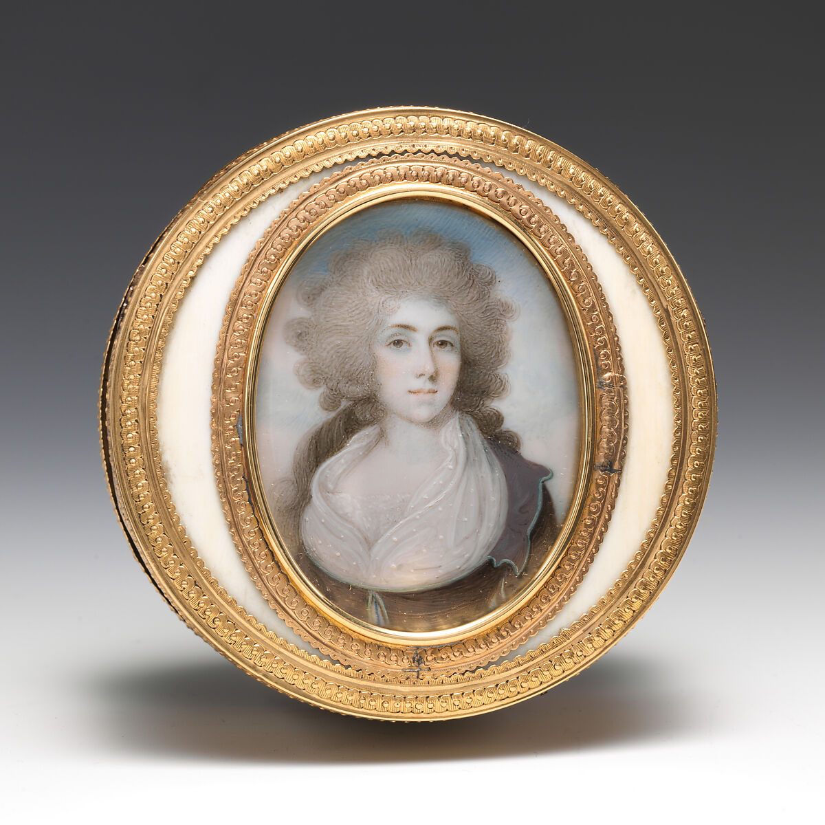 Box with portrait of a woman, Guillaume-Denis Delamotte (French, born 1725, master 1756, active 1793), Gold, glass; ivory, French, Paris box with British miniature 