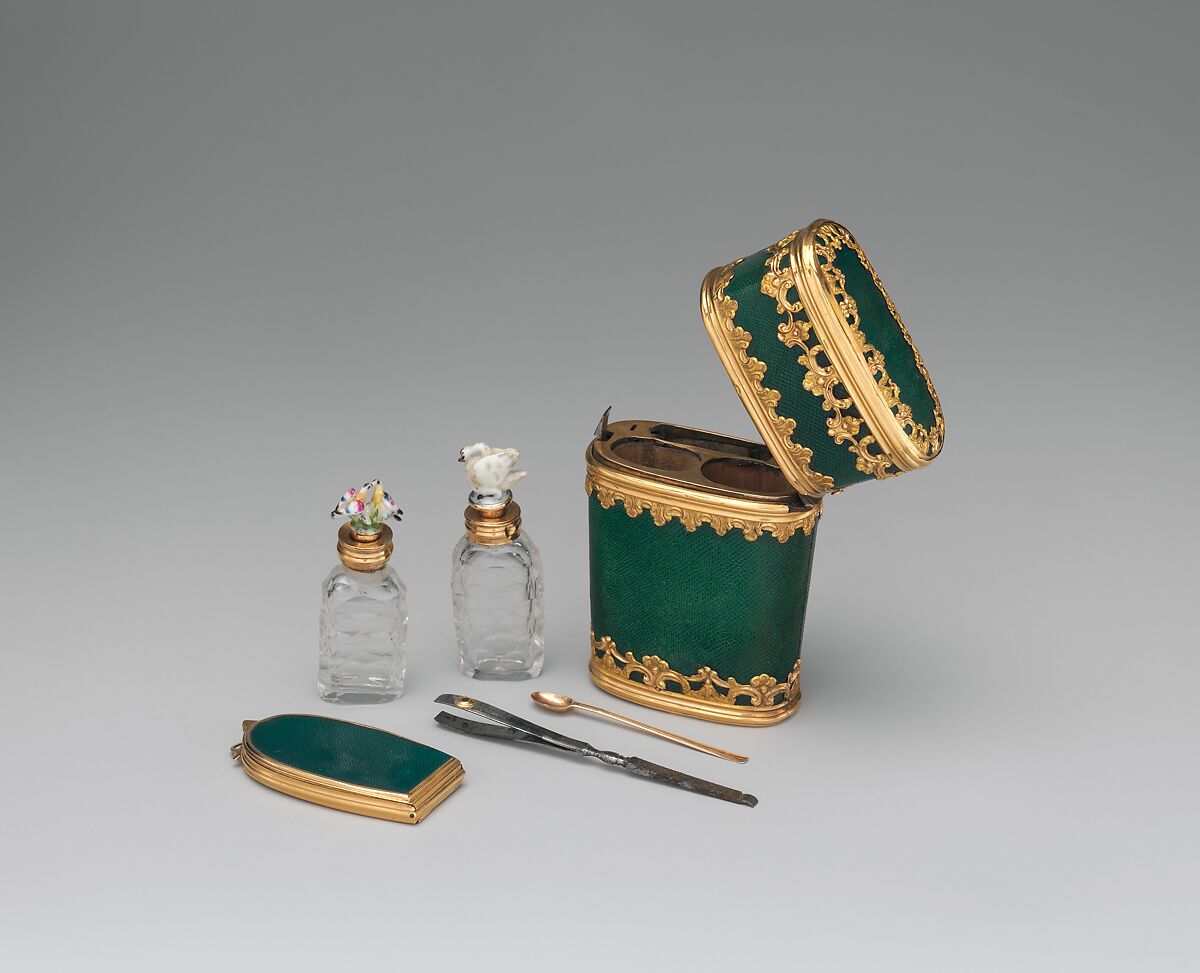 Nécessaire, Shagreen on wood; fittings of gold, porcelain, glass, 
and steel, French 