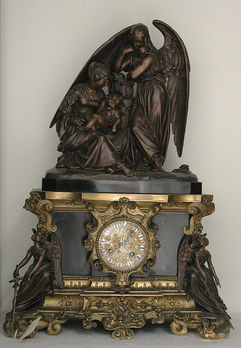 Mantel clock, Honoré Pons (recorded 1807–50), Case: bronze, gilded and patinated; marble; wood; glass; Dial: gilt brass and enamel; Movement: brass and steel, French, Paris 
