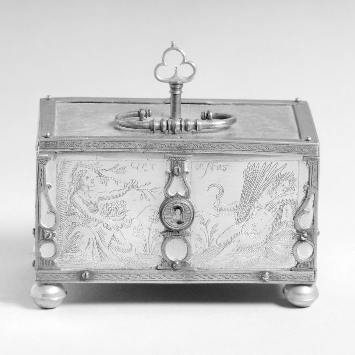 Jewel casket, Style of Michael Mann (active Augsburg and Nuremburg, died ca. 1630), Brass gilt; green silk lining, Southern German