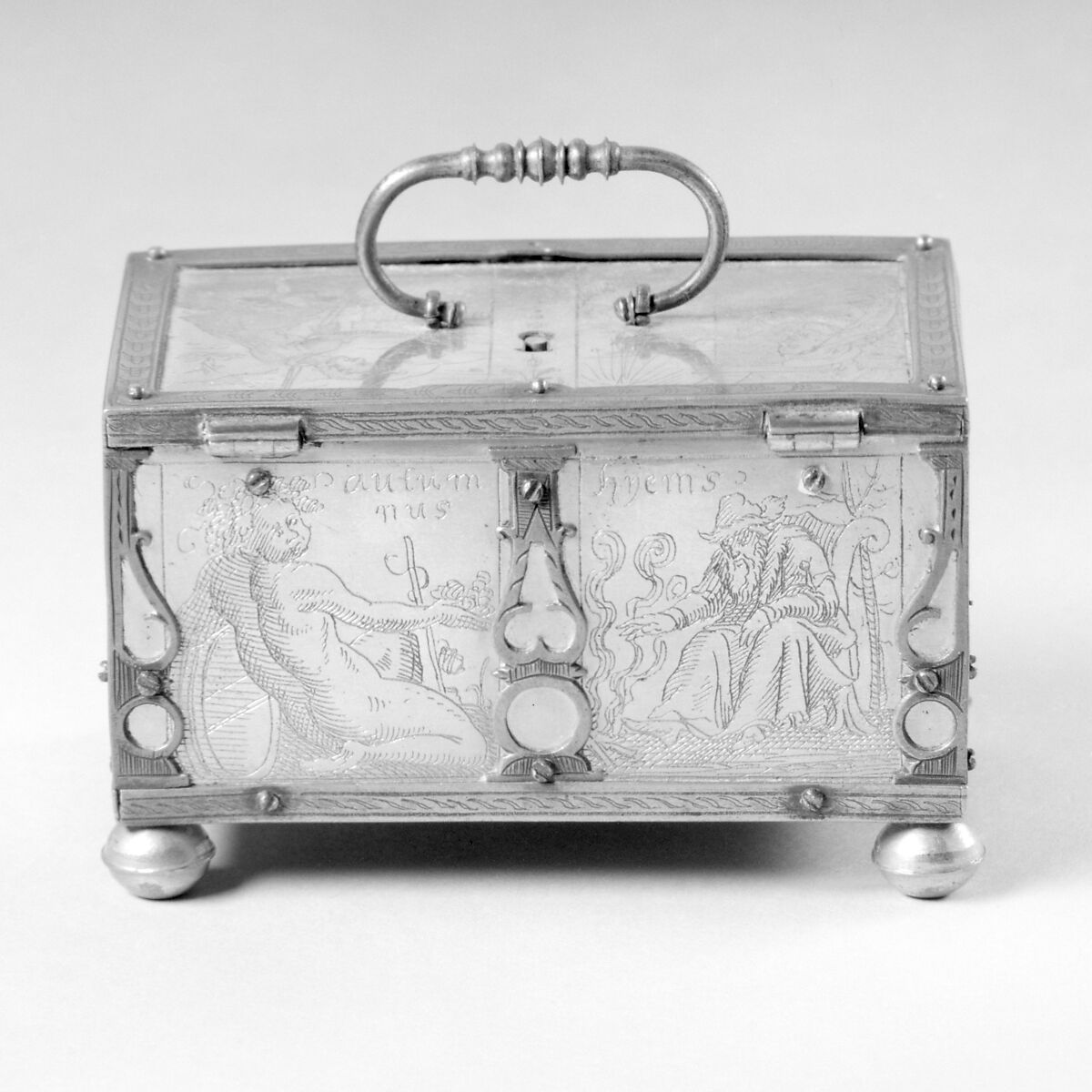 Jewel casket, Style of Michael Mann (active Augsburg and Nuremburg, died ca. 1630), Brass gilt; green silk lining, Southern German