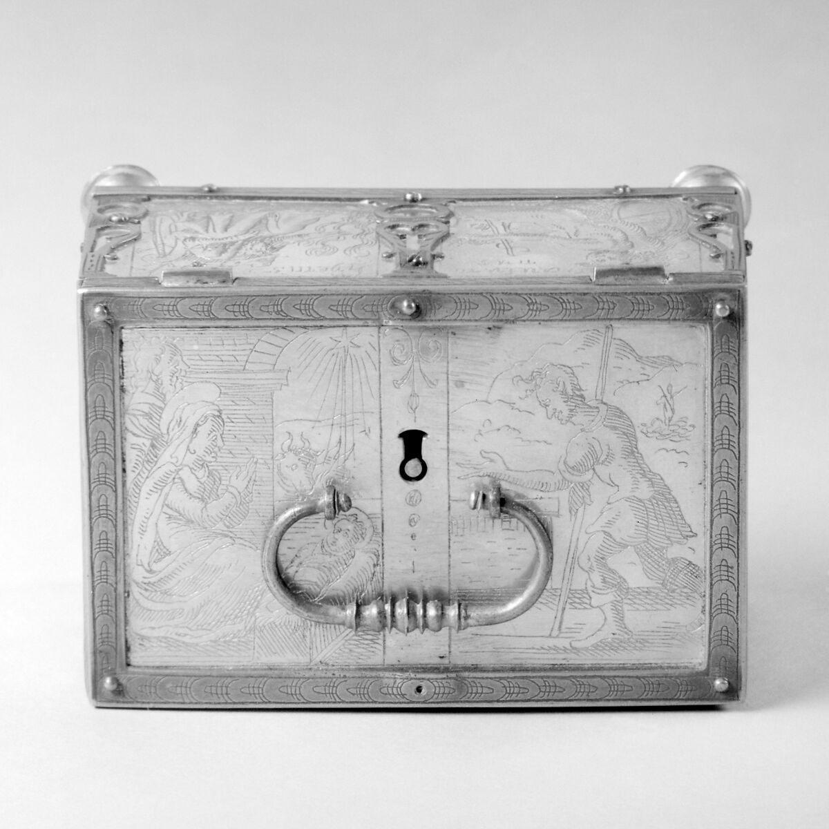 Jewel casket, Style of Michael Mann (active Augsburg and Nuremburg, died ca. 1630), Brass gilt; green silk lining, Southern German