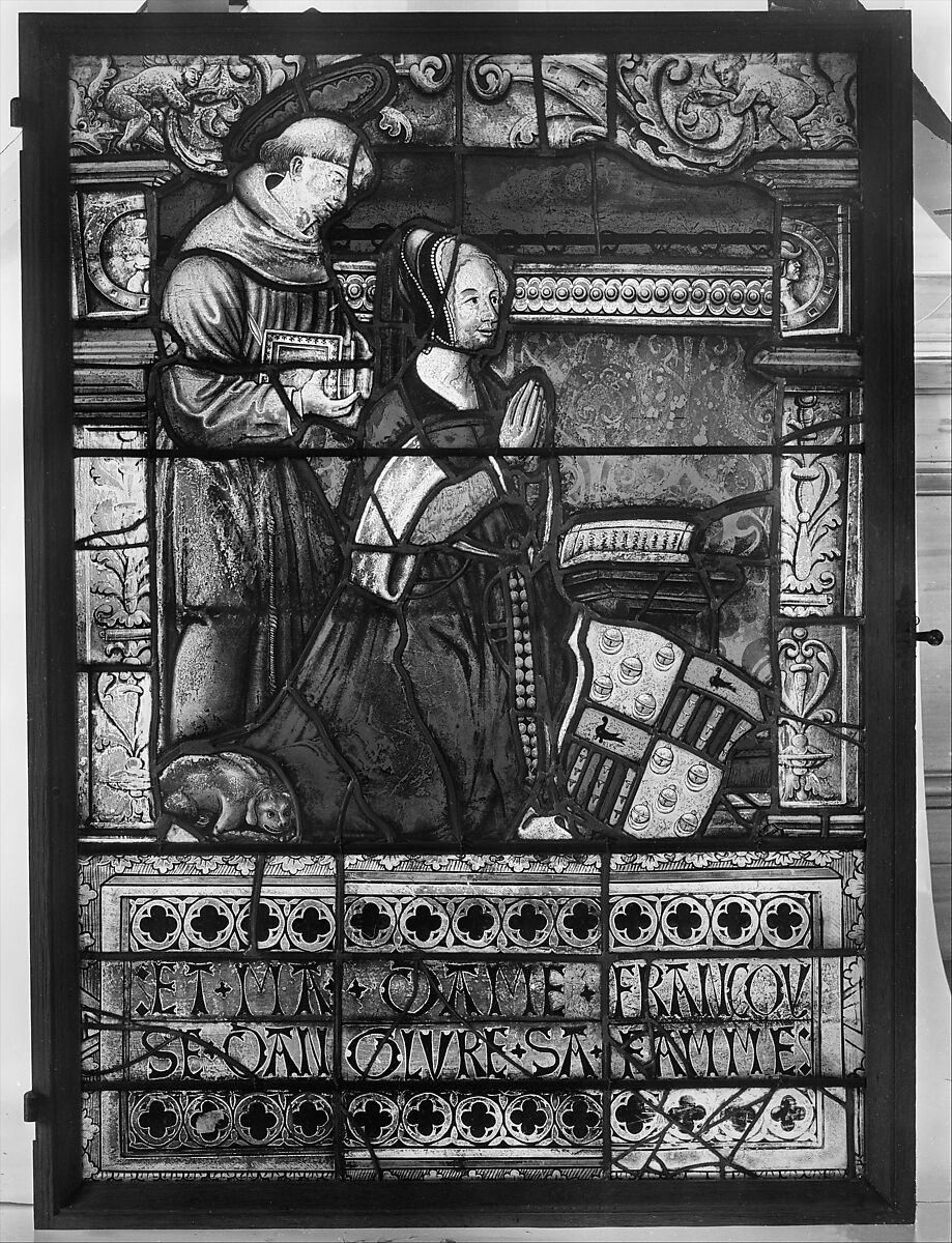 Saint Francis with Françoise d'Anglure (one of a set of four), Colored, stained, and enameled glass, French, Lorraine