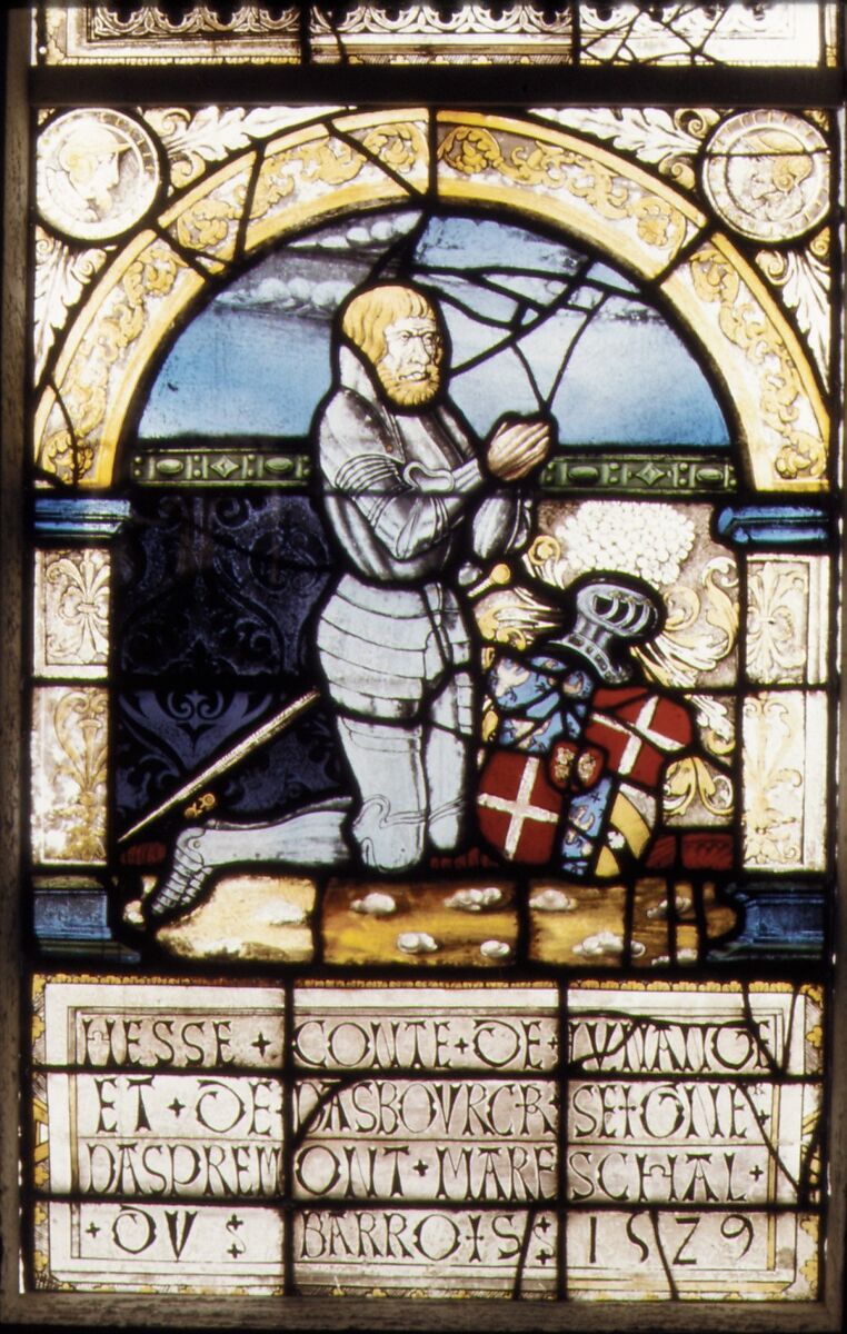 Hesse de Linange as donor (one of a set of four), Colored, stained, and enameled glass, French, Lorraine