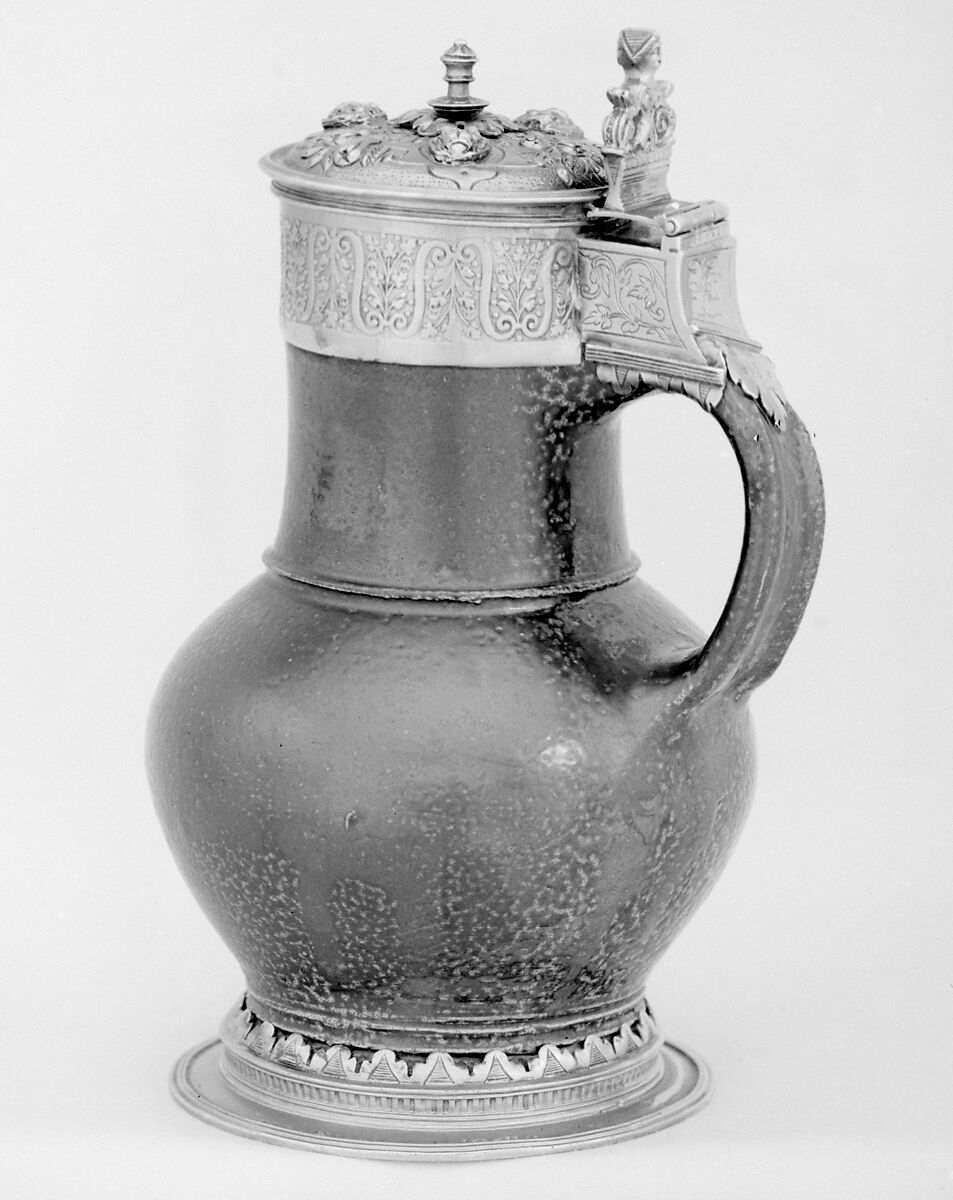 Jug, Silver gilt, stoneware, British