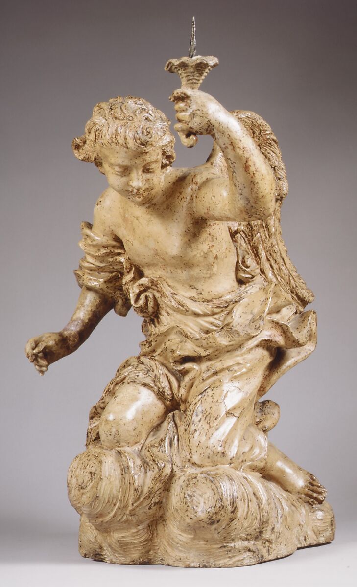 Candle-bearing angel (one of a pair), Workshop of Giuseppe Mazzuoli (Italian, Siena 1644–1725 Siena), Terracotta with later remains of paint, Italian, Siena 