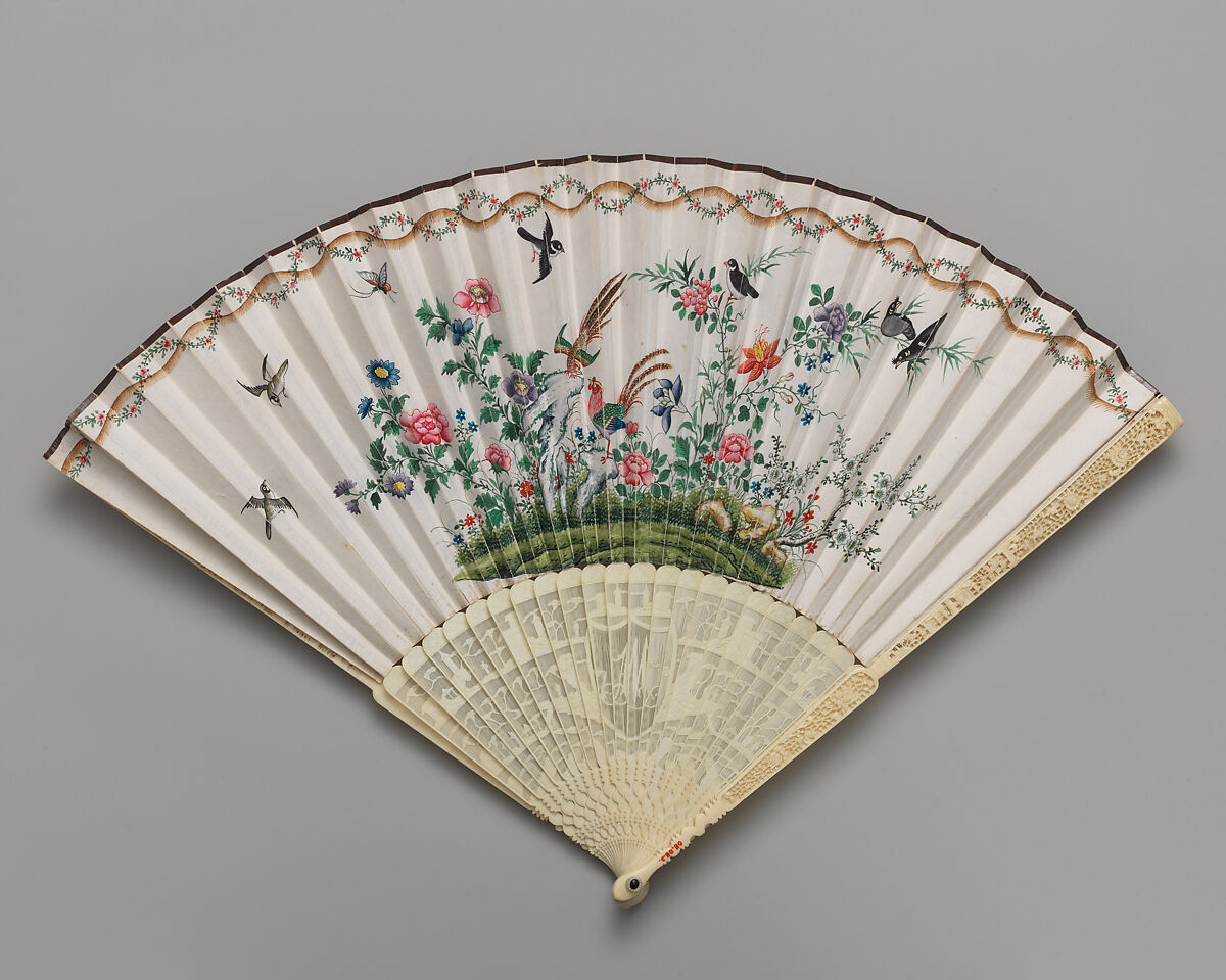 Folding Fan with Representation of Birds and Flowers, Paper, ivory, Chinese, for the European Market 