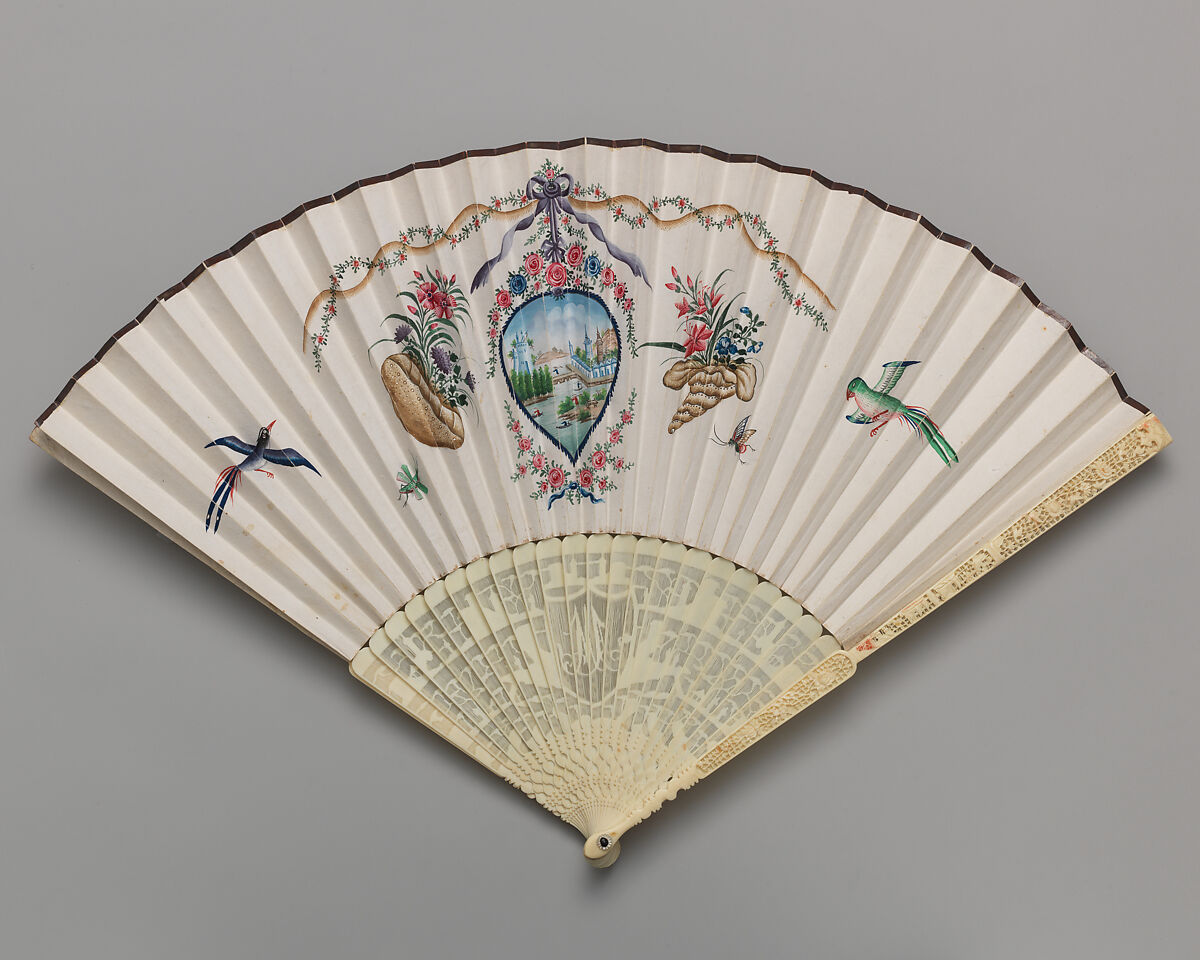 Folding Fan with Representation of Birds and Flowers, Paper, ivory, Chinese, for the European Market