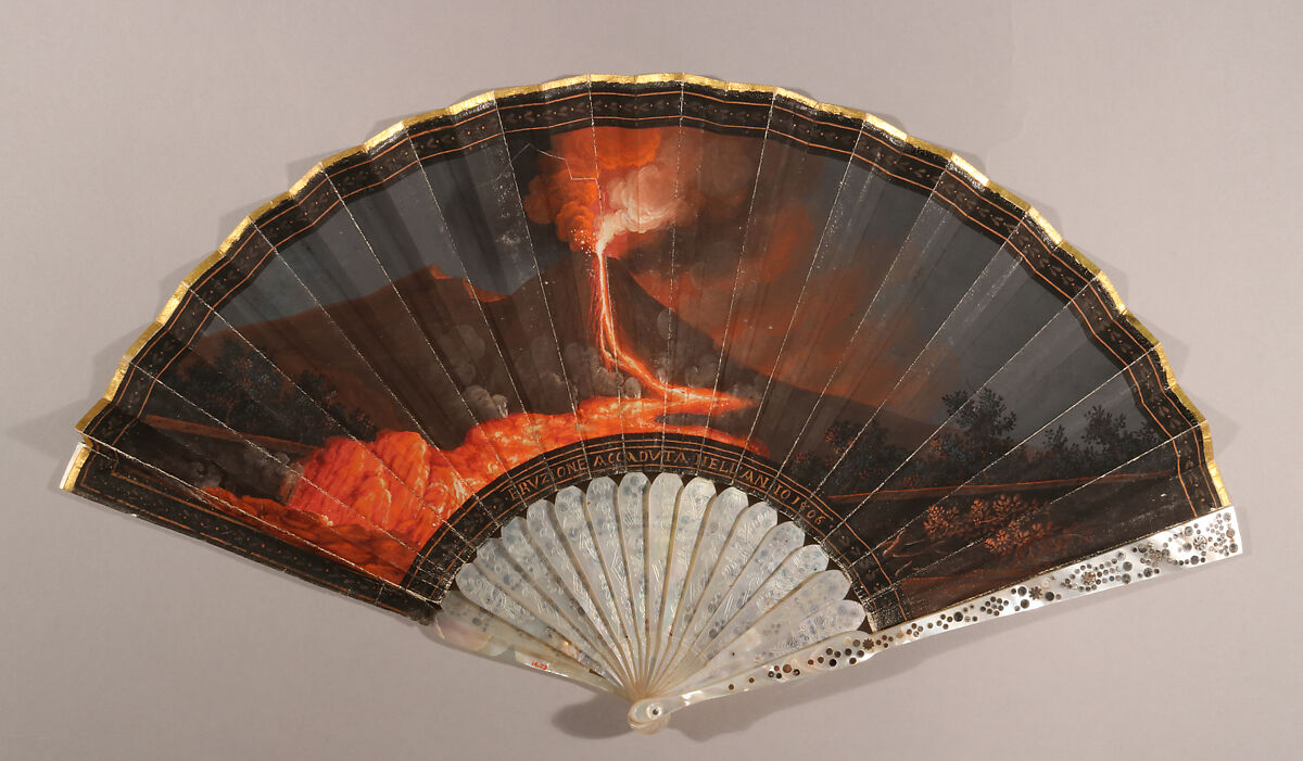 Folding Fan with a Representation of the 1806 Eruption of Mount Vesuvius, Gouache and watercolor on parchment; mother-of-pearl with spangles, Italian