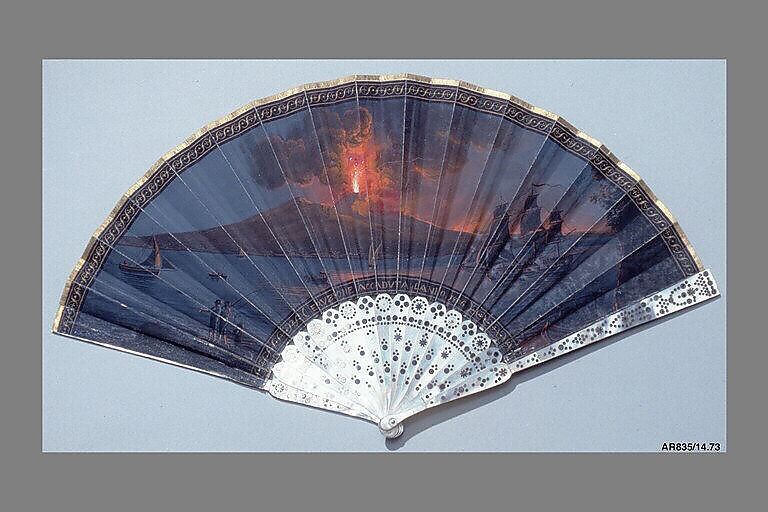 Folding Fan with a Representation of the 1806 Eruption of Mount Vesuvius, Paper, mother-of-pearl, spangles, Italian 