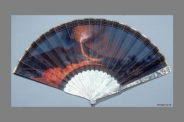 Folding Fan with a Representation of the 1806 Eruption of Mount Vesuvius, Gouache and watercolor on parchment; mother-of-pearl with spangles, Italian