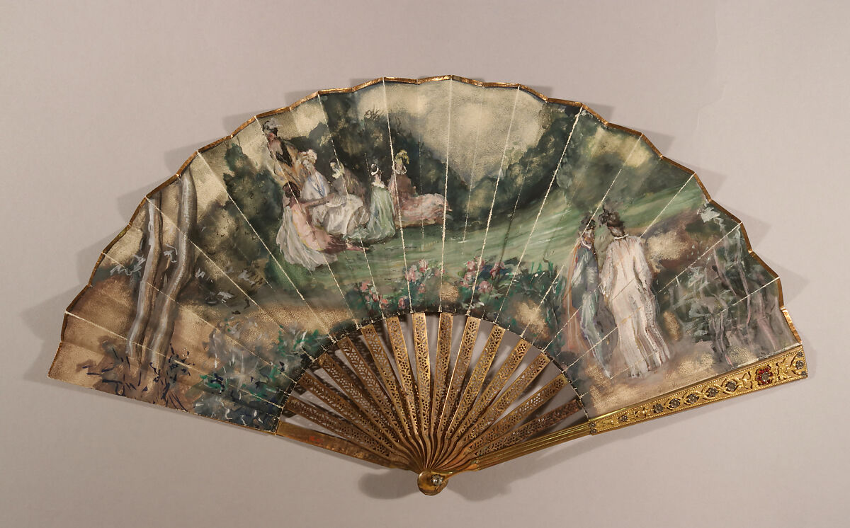 Fan, Gouache on parchment; gilt metal, silver (?), paste (?), possibly French 