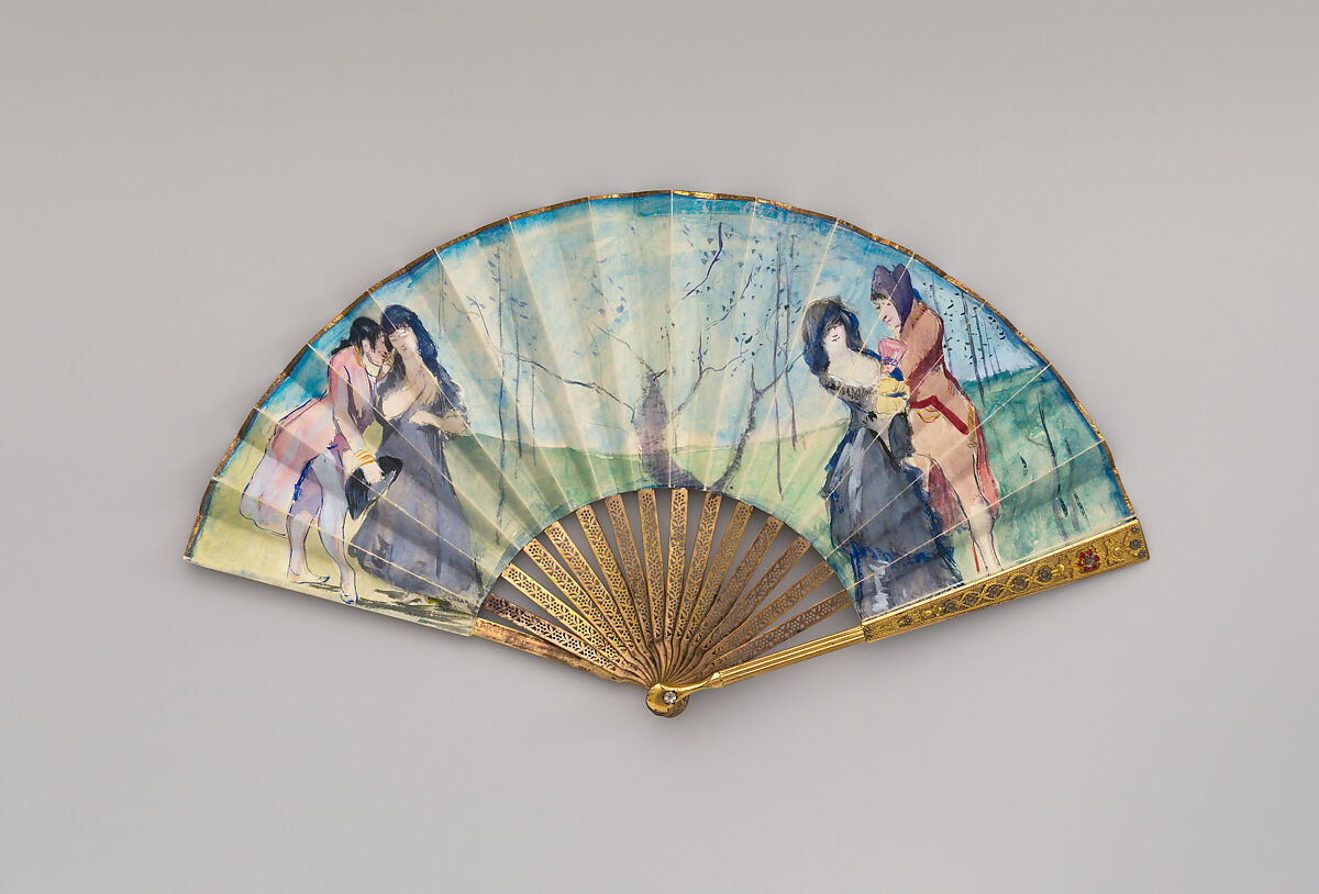 Fan with leaves imitative of Goya and Watteau, Imitator of Goya (Francisco de Goya y Lucientes) (Spanish, Fuendetodos 1746–1828 Bordeaux), Gouache on parchment; gilt metal, silver (?), paste (?), possibly French