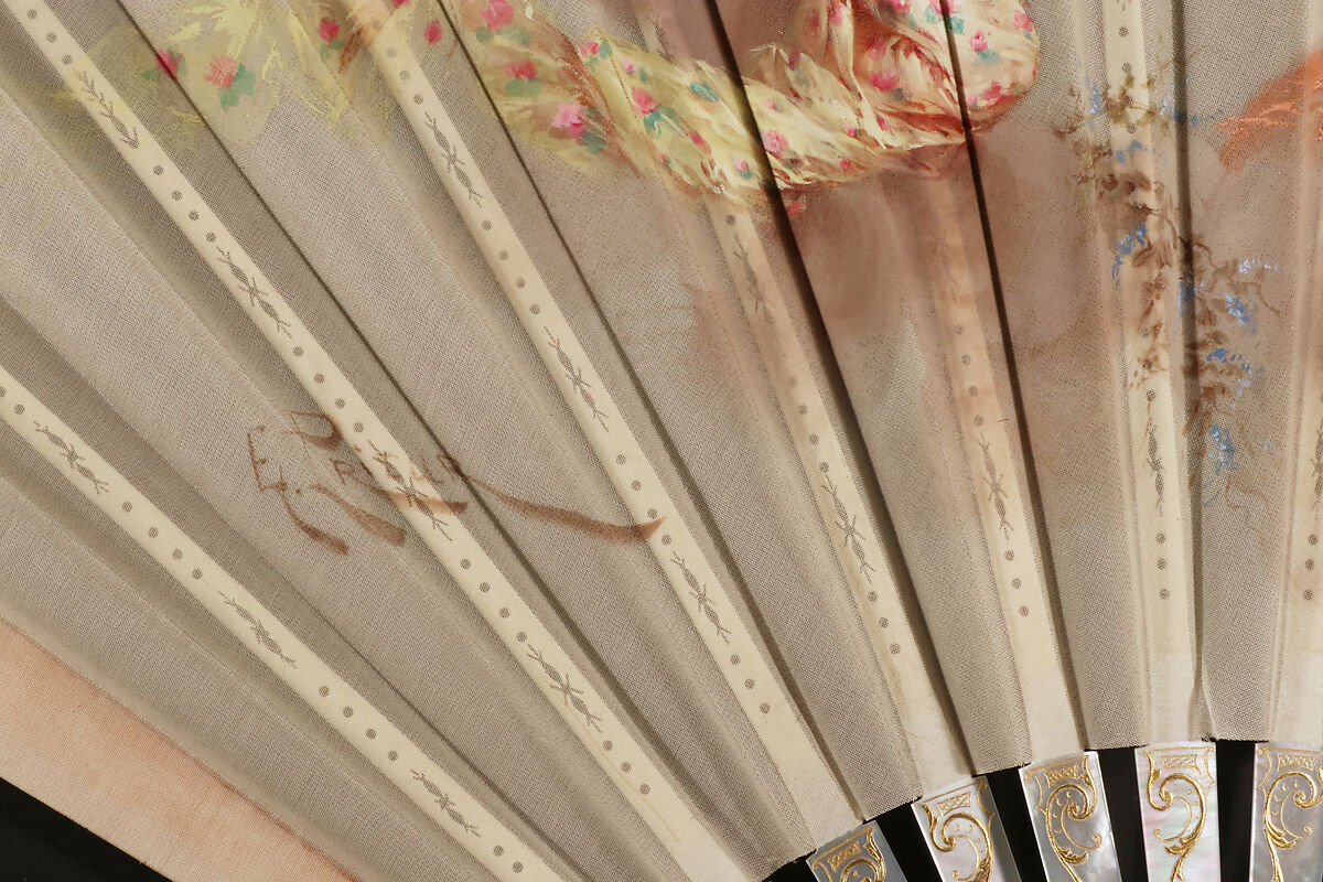 Fan, Fan leaf designed and painted by E. Prieur, Hand-painted silk; mother-of-pearl, metal gilt, French
