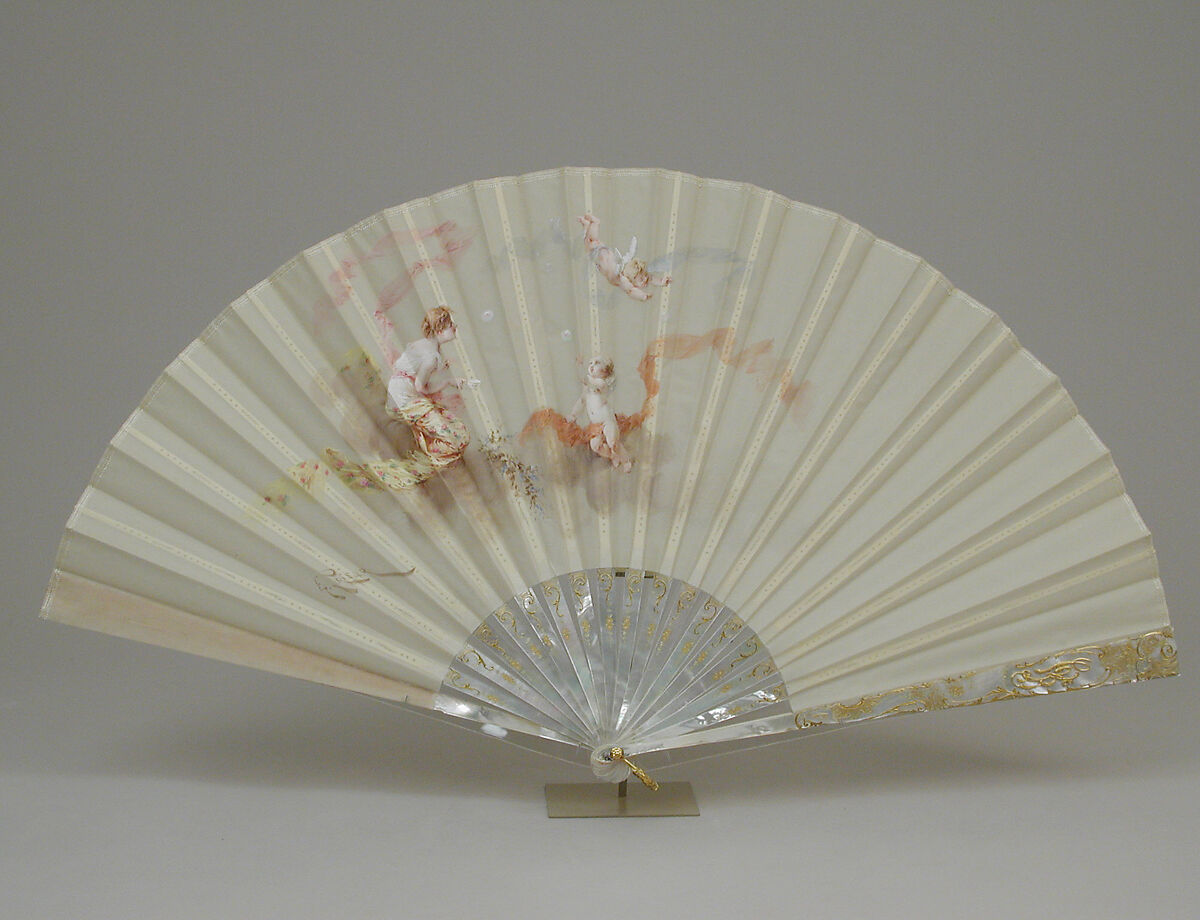 Fan, Fan leaf designed and painted by E. Prieur, Hand-painted silk; mother-of-pearl, metal gilt, French