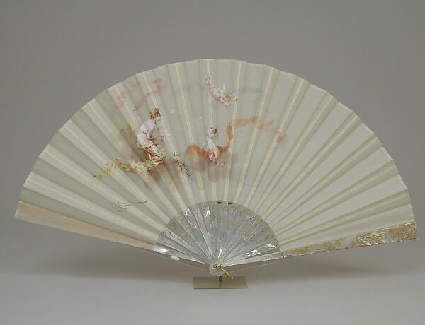 Fan, Fan leaf designed and painted by E. Prieur, Silk, paint, mother-of-pearl, metal gilt, French 