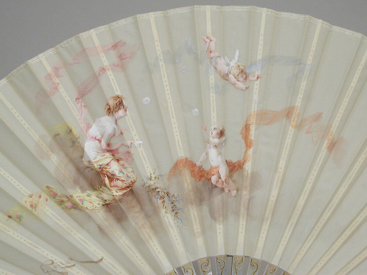 Fan, Fan leaf designed and painted by E. Prieur, Hand-painted silk; mother-of-pearl, metal gilt, French