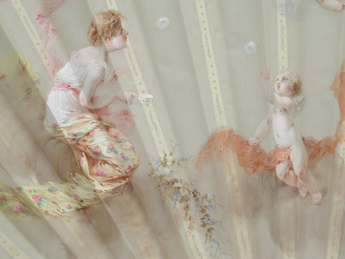 Fan, Fan leaf designed and painted by E. Prieur, Hand-painted silk; mother-of-pearl, metal gilt, French